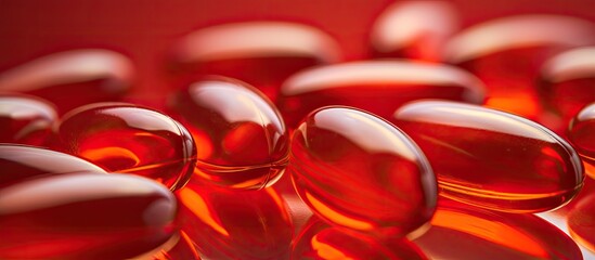 A close up of fish oil capsules on a red background with a slightly blurred surrounding that conveys a health related concept Ideal for a copy space image