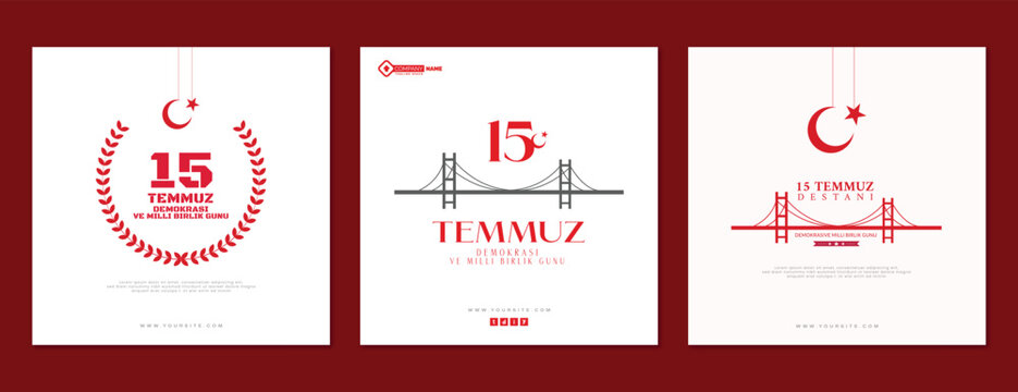 15 temmuz turkish holiday three, post, or banner Turkish: The Democracy and National Unity Day of Turkey. 15 july banner design. Vector
