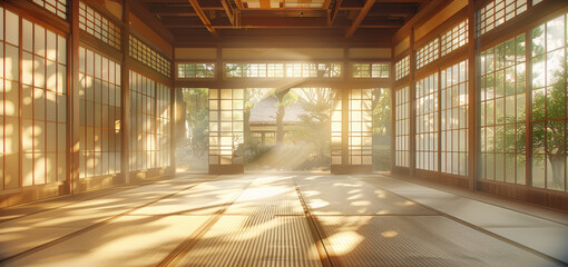 The interior space of an old Japanese building, bathed in sunlight through paper screens on all four wall. The floor is covered with white and brown sand, creating a sense of calmness. Generative AI.