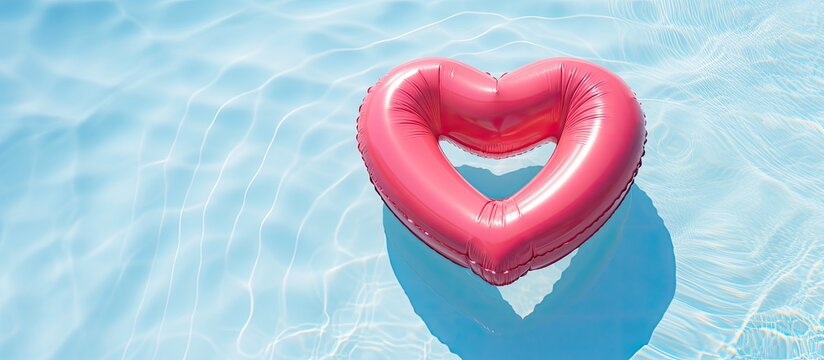 A heart shaped inflatable ring floats in a sunny swimming pool offering an overhead view There is ample room for text in the image