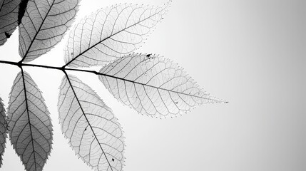 Obraz premium A black-and-white image of a leaf with water drops on its surface, against a white background Water also present on the leaf's underside