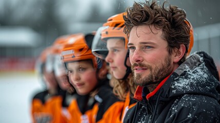 Ice hockey coach and team on bench during game.