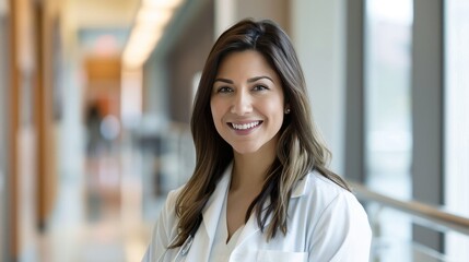 Confident Female Doctor Smiling in Hospital Corridor