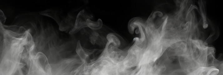 Obraz premium abstract Ethereal White Smoke Swirls on Black Background, capturing the mysterious and captivating nature of smoke in motion. dry ice smoke clouds fog overlay