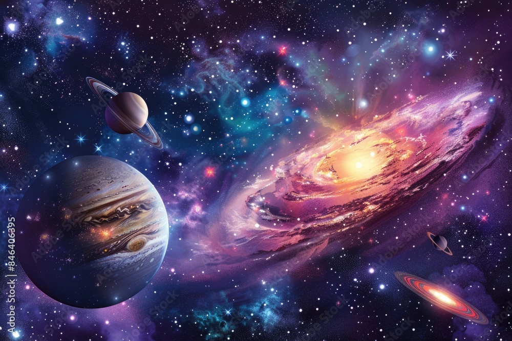 Sticker a colorful space scene with a large planet in the center