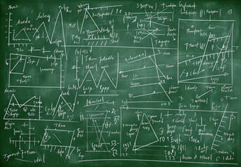 School board with chalk drawing math and chemical formulas, AI generated