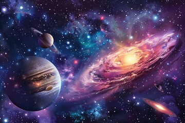 Fototapeta premium A colorful space scene with a large planet in the center