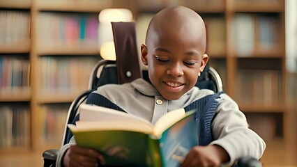 Happy young disabled black school student in wheelchair reading a library book. African american child with disability learning. Inclusive & diverse education
