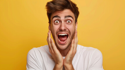 The handsome man seems surprised and excited, his face radiates joy and a smile.
