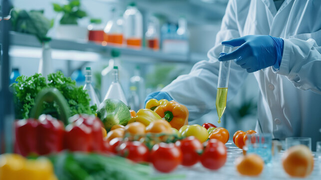 Scientist analyzes chemical residues in food in the laboratory, inspection experts check the quality of fruits and vegetables. Laboratory, threats, detect banned substances, pollutants.