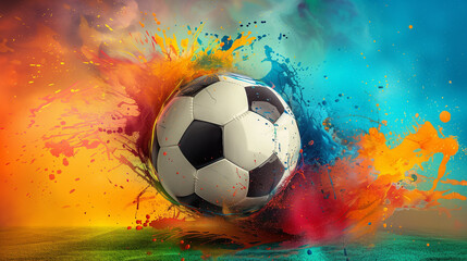 Fototapeta premium A vivid and vibrant shot of a soccer ball with a dynamic, multicolored paint splash background adding dynamism and fun to the image.