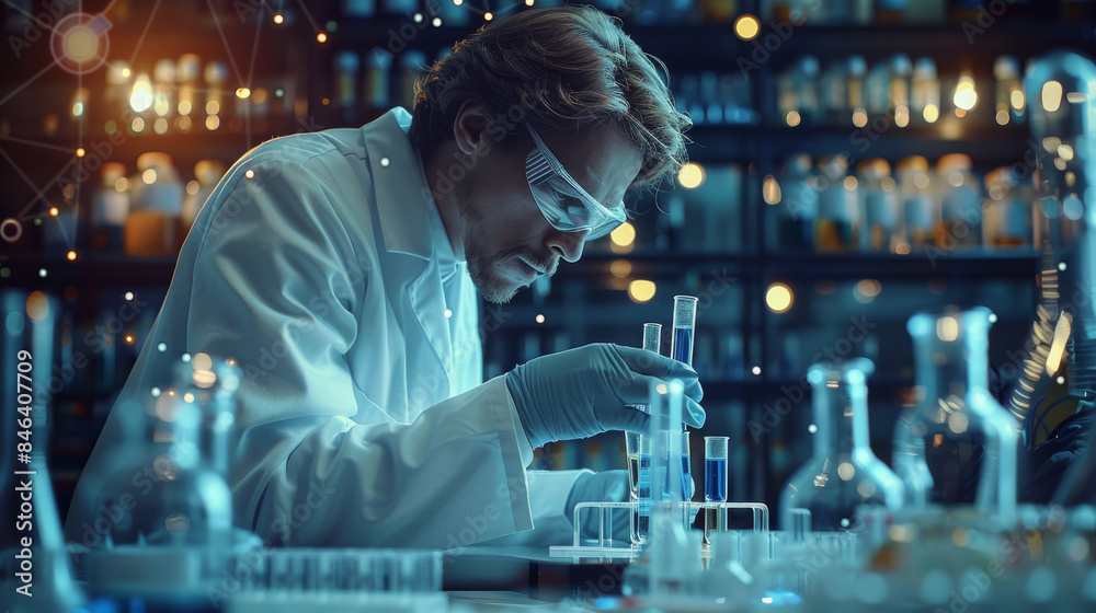 Poster A scientist in a white coat is working with blue liquid and test tubes on a table, with a science theme background, and a chemical structure diagram behind them. Generative AI.