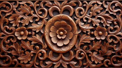 Intricate wooden floral carving with ornate details.
