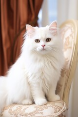 White fluffy cat sitting on a vintage chair with a decorative curtain in the background