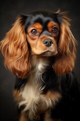 Naklejka premium Cavalier King Charles Spaniel dog portrait on a dark background. Studio pet portrait.