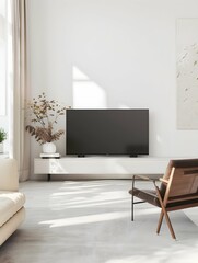 Smart Tv Mockup on console in white modern living room. 3d rendering 