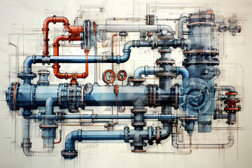 Sketch of piping design mixed with industrial equipment photos 