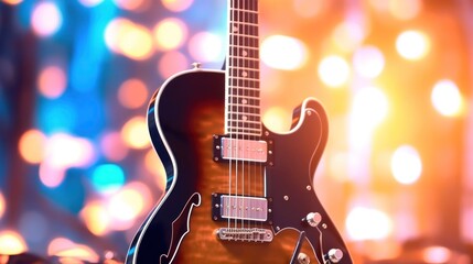 Fototapeta premium electric guitar with a sunburst finish, prominently displaying the guitar's body, strings, pickups, bridge and control buttons. with a bokeh effect background featuring colorful lights