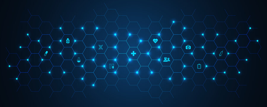 Healthcare and technology concept with flat icons and symbols. Template design for health care business, innovation medicine, pharmaceutical industry, science, medical research.