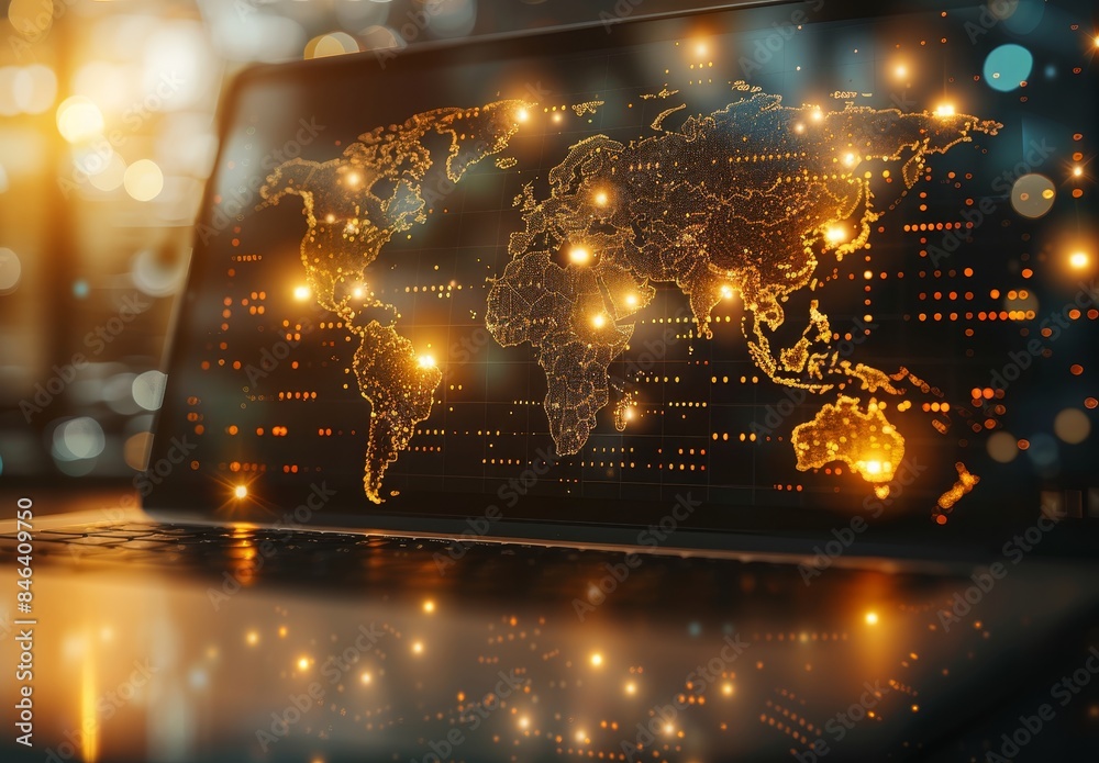 Poster Glowing global network map displayed on a laptop screen, illustrating the interconnected digital world and modern communication technology, Generative AI