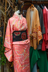 JAPAN, KYOTO – April 2024 : Japanese traditional clothes kimono yukata for sale to japanese...
