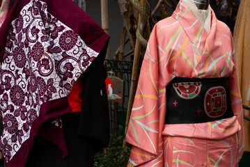 JAPAN, KYOTO – April 2024 : Japanese traditional clothes kimono yukata for sale to japanese...