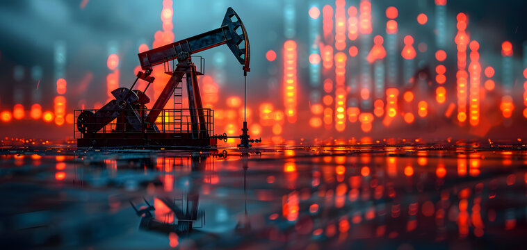 oil pumpjack positioned in front of a fluctuating stock chart. The background is a high-tech representation of financial data,the correlation between oil industry operations and stock market trends - Powered by Adobe