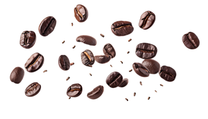 Coffee beans floating isolated on transparent background