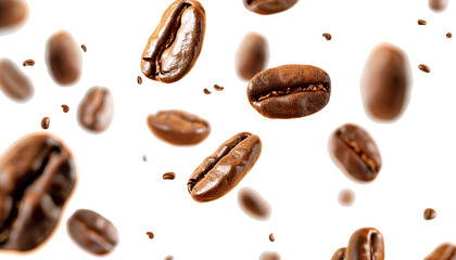 Coffee beans floating isolated on transparent background