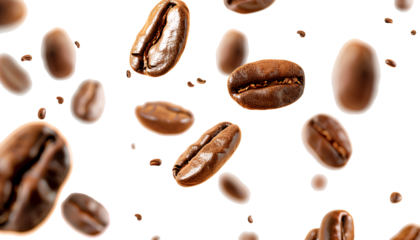 Coffee beans floating isolated on transparent background
