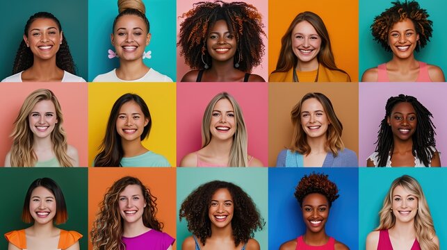Composite Portrait of Diverse Women Smiling Against Colorful Backgrounds in a Grid Layout