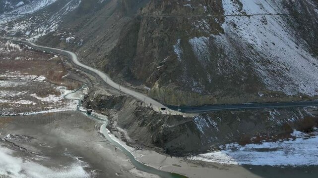 High angle view of Skardu landscape with empty highways in Pakistan during daytime. Aerial shot.
