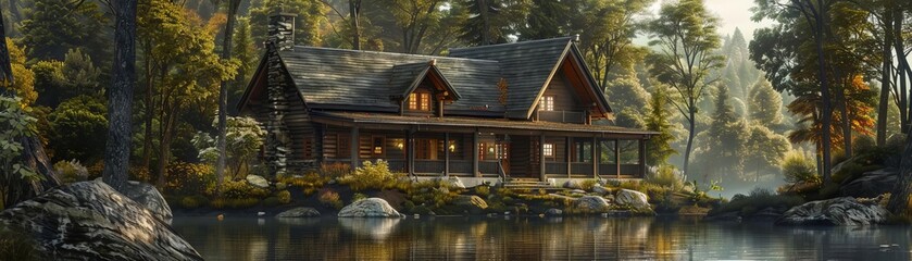 Obraz premium A frontal view of a rustic cabin nestled in a serene forest setting, capturing the essence of a nature lodge getaway with a cozy ambiance, using digital techniques
