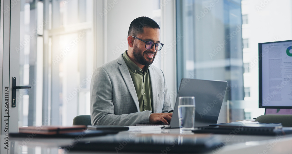 Poster businessman, typing and happy with laptop in office for project management feedback and positive web