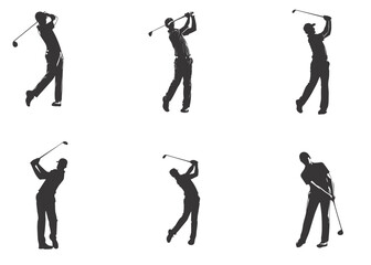 Obraz premium people playing golf in various poses isolated vector silhouette on white background