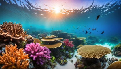 Colorful underwater background with coral reef and variety of marine life, highlighting the beauty