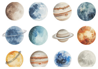 Watercolor vector illustration planet galaxy universe solar system stars set clipart sketch Mercury Venus Earth Mars Jupiter Saturn Uranus Neptune on isolated background