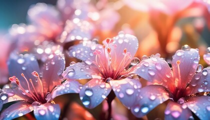A close-up of crystal pink drops on the petals, creating a mystical background full of charm