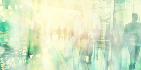 Abstract double exposure image of business professionals walking in a modern office environment, symbolizing corporate life, teamwork, and dynamic work culture.
