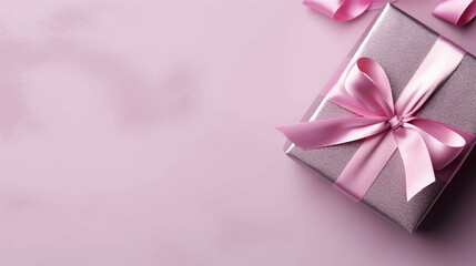 Pink background. Xmas pink gift box and gold pink ribbon bow viewed from above for text Merry Christmas, Happy New Year and Black Friday season. Horizontal banner, website. Vector illustration