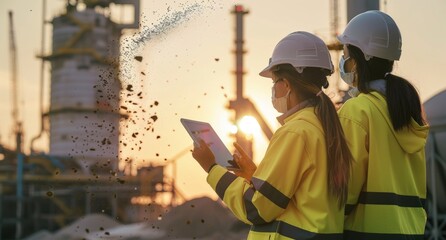 Female worker in a safety helmet holding a tablet computer working on a project in a heavy industry factory warehouse, looking away to the side and thinking about the work