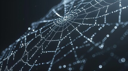  A tight shot of a spider's web against a black backdrop, featuring a slightly out-of-focus spider web image at its core