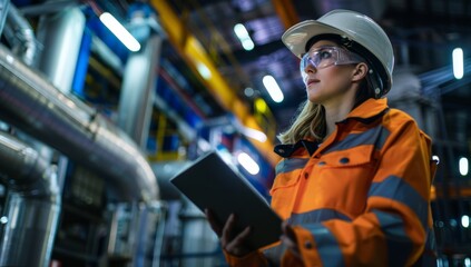 Female worker in a safety helmet holding a tablet computer working on a project in a heavy industry factory warehouse, looking away to the side and thinking about the work