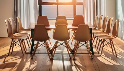 Fototapeta premium Close-up of chairs in a circle, arranged for brainstorming and collaborative learning, capturing the essence of group discussions