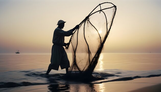 silhouette of  A traditional fisherman casting a net into the ocean at dawn

