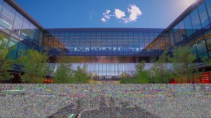 A panoramic view of a bustling campus courtyard where students gather in small groups, exchanging ideas and networking, against a backdrop of sleek modern buildings