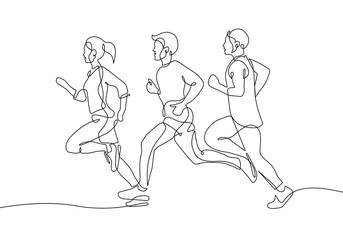 Runners Group One Line Drawing. Running Concept Abstract Minimal Drawing. Athlete Continuous One Line Illustration. Activity Lifestyle Modern Trendy Contour Drawing. Vector EPS 10.