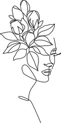 Woman Head with Flowers Creative Line Art Drawing. Minimal Linear Art of Woman Face with Flowers. Beauty Line Drawing of Abstract Woman Head for Trendy Minimal or Boho Design. Vector Illustration