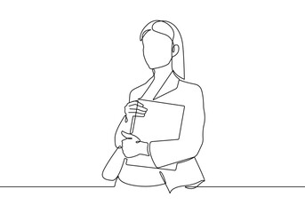 Woman Working Continuous One Line Drawing. Businesswoman Outline Drawing. Female Line Abstract Portrait. Minimalist Contour Drawing. Vector EPS 10
