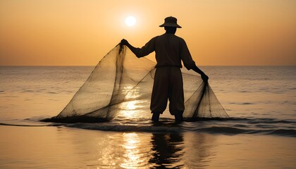 silhouette of  A traditional fisherman casting a net into the ocean at dawn
